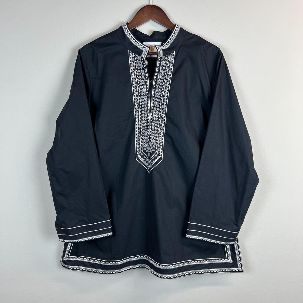 Nico Blu Maharani Tuxedo Tunic Top Womens 1X Black Metallic Embroidered Boho New